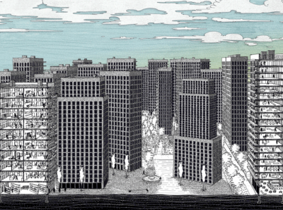 Illustration réalisée à la tablette graphique par felix-illustra et Chloé Bordjah, Avril 2020 © Pavillon de l'Arsenal